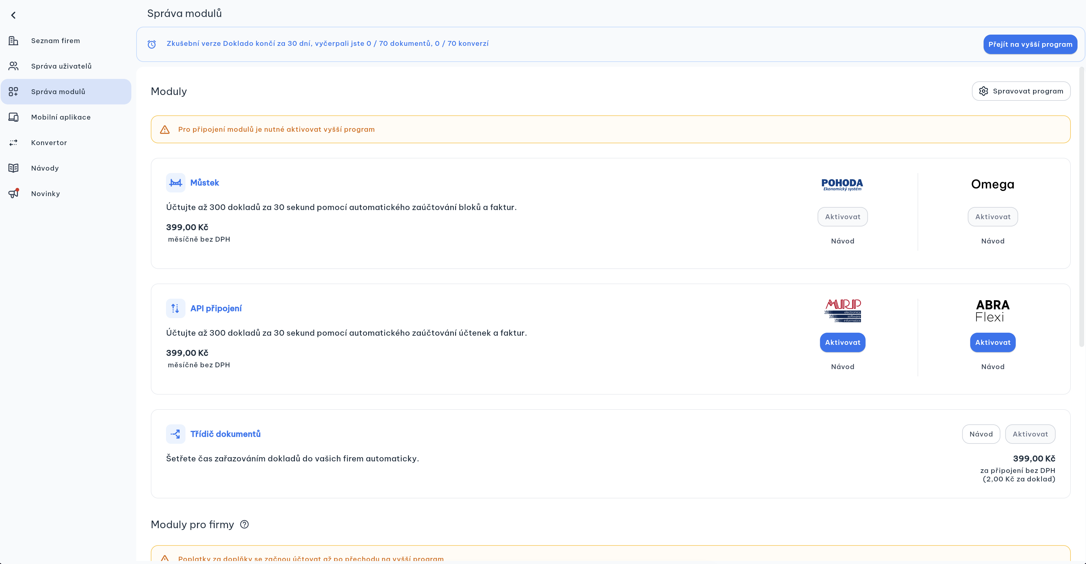 Přehled modulů a integrací v aplikaci Invoco