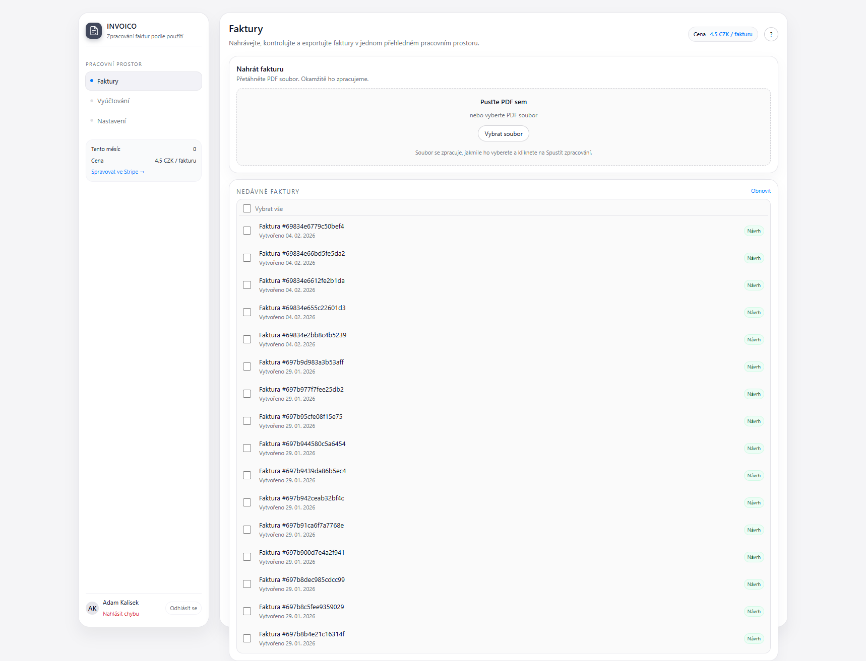 Seznam faktur v aplikaci Invoco