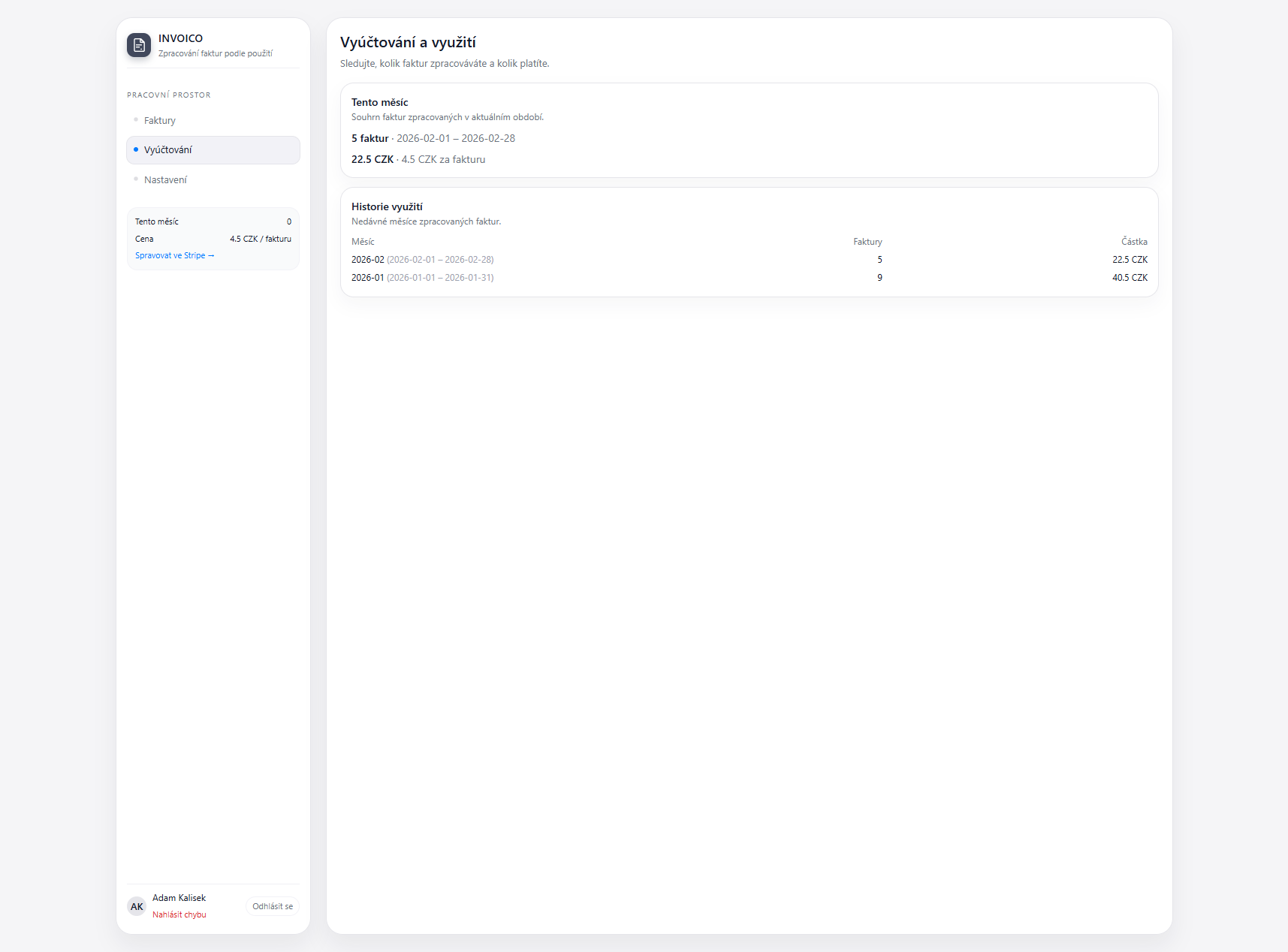 Přehled vyúčtování a využití v aplikaci Invoco